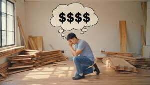flooring fails 2025 - person looking on the floors - he has a pile of flooring leftovers on the background