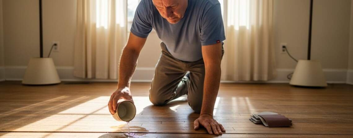 Homeowner testing hardwood floor finish durability