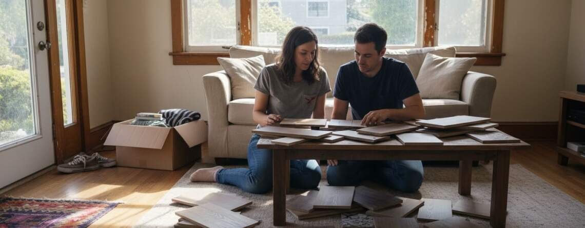 Couple choosing hardwood flooring samples