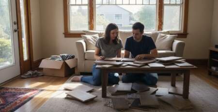 Couple choosing hardwood flooring samples