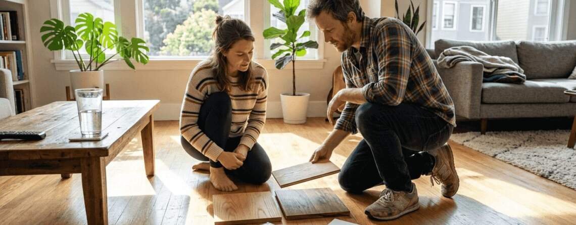 Couple comparing hardwood floor samples sunlight