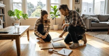 Couple comparing hardwood floor samples sunlight