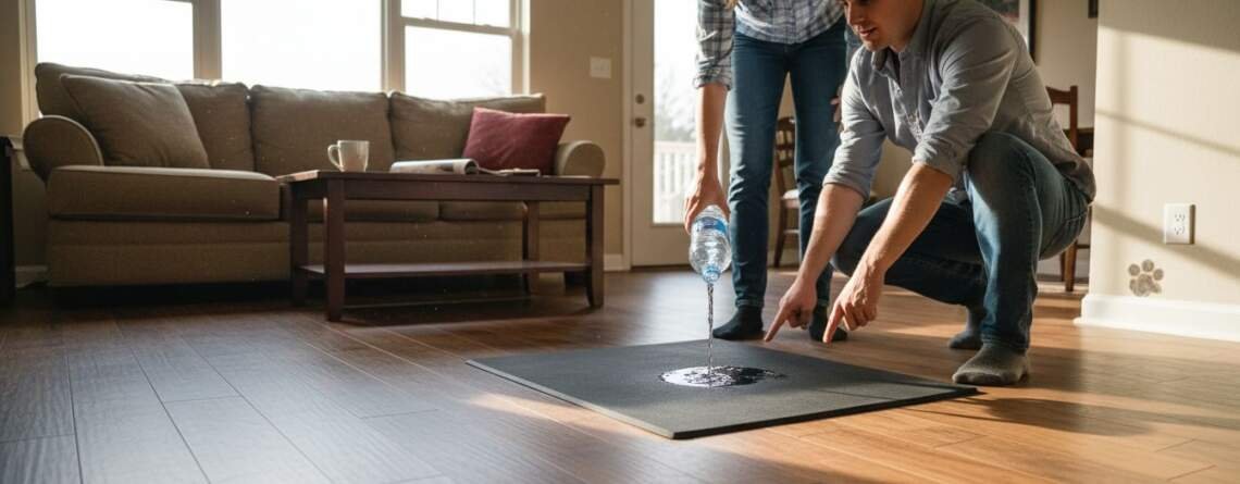 Couple testing water-resistant wood floor at home