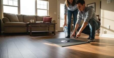 Couple testing water-resistant wood floor at home