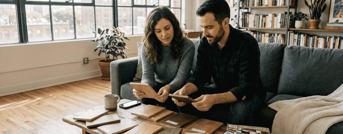 Couple comparing hardwood samples in living room