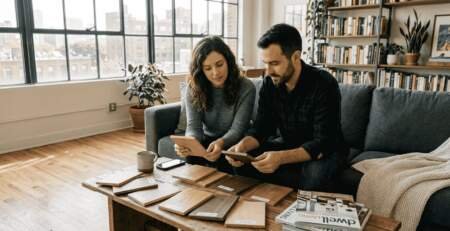 Couple comparing hardwood samples in living room