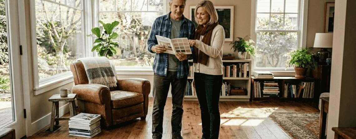 Couple comparing hardwood flooring samples