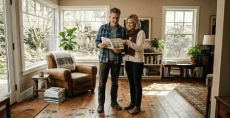 Couple comparing hardwood flooring samples