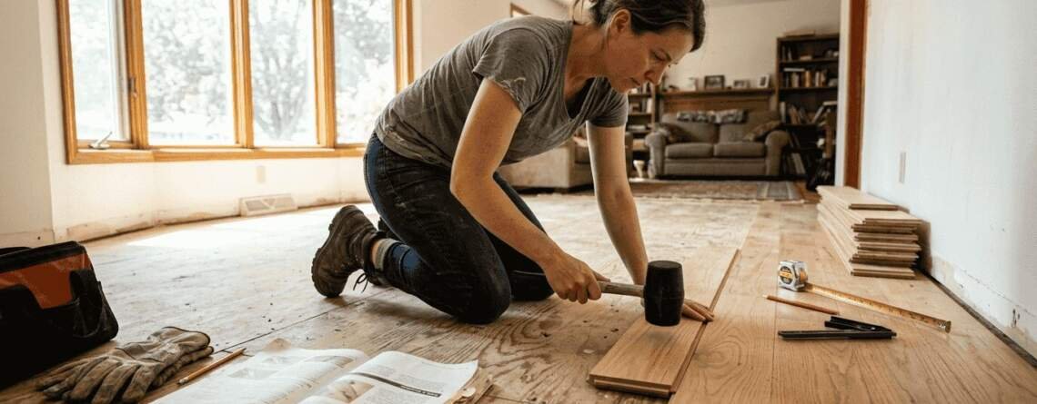 Homeowner installing hardwood planks in living room