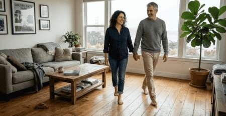 Couple walking on sustainable hardwood floor