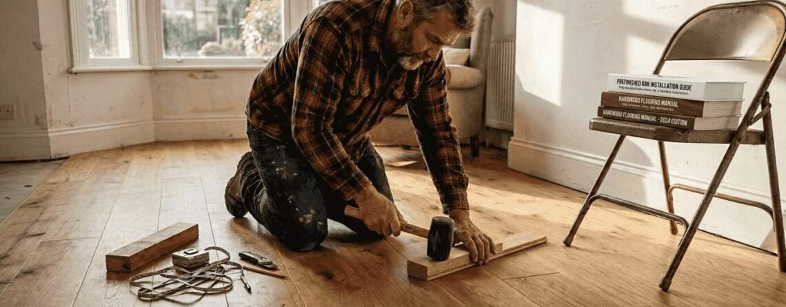 Contractor installing prefinished hardwood flooring
