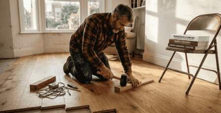 Contractor installing prefinished hardwood flooring