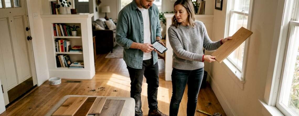 Couple compares hardwood samples in entryway