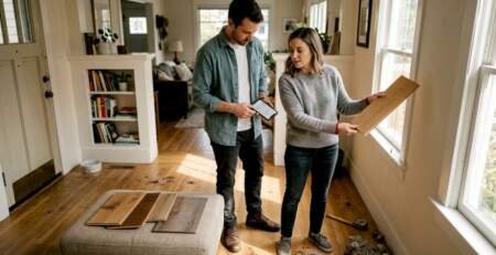 Couple compares hardwood samples in entryway