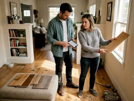 Couple compares hardwood samples in entryway