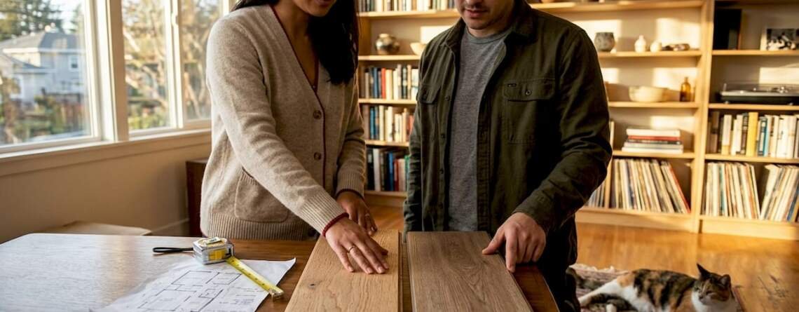Couple comparing hardwood and laminate samples