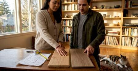 Couple comparing hardwood and laminate samples