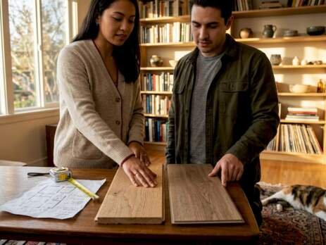 Couple comparing hardwood and laminate samples