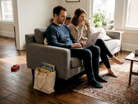 Homeowners relaxing on wide plank hardwood floor