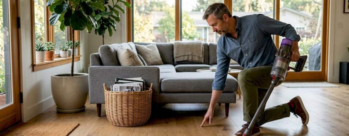 Homeowner cleaning oak hardwood living room floor