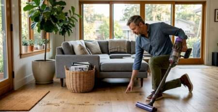 Homeowner cleaning oak hardwood living room floor