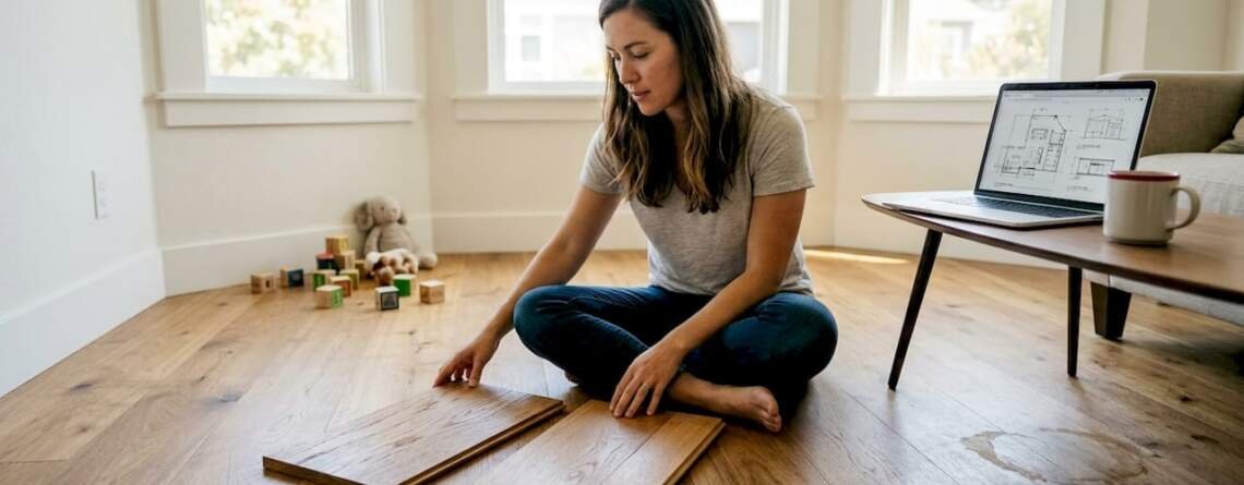 Woman comparing hardwood samples in sunlit living room