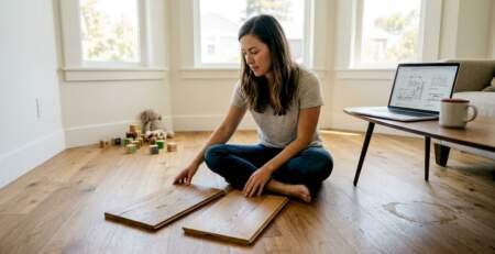 Woman comparing hardwood samples in sunlit living room