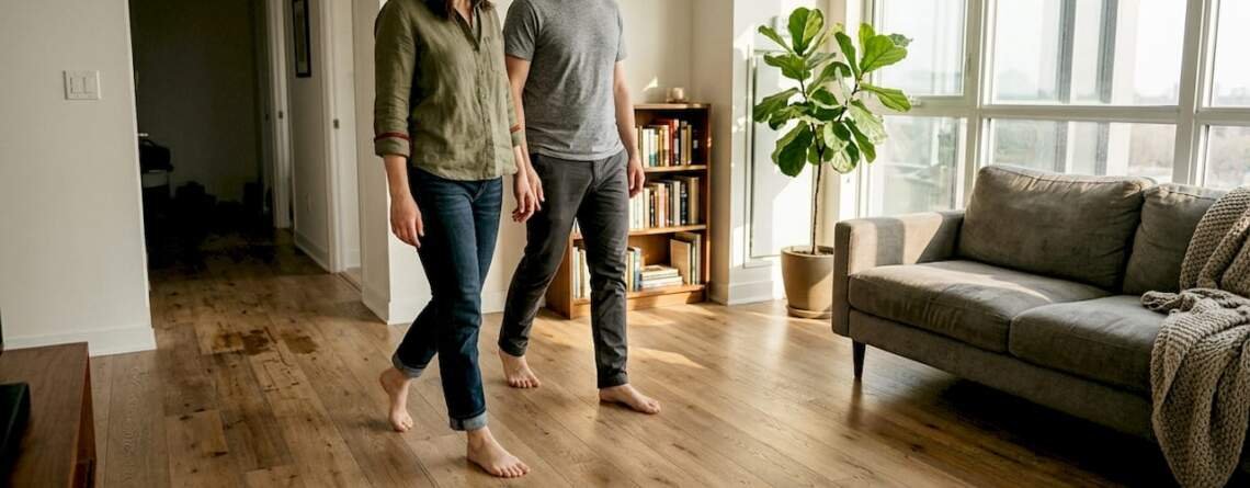 Couple walking on engineered hardwood floor