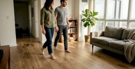 Couple walking on engineered hardwood floor