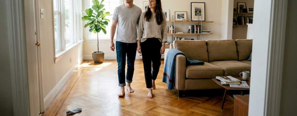 Couple walking on hardwood floor in sunlit living room