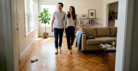 Couple walking on hardwood floor in sunlit living room