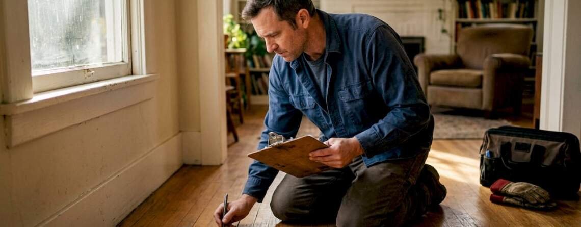 Homeowner inspecting hardwood floor condition