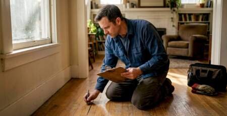 Homeowner inspecting hardwood floor condition