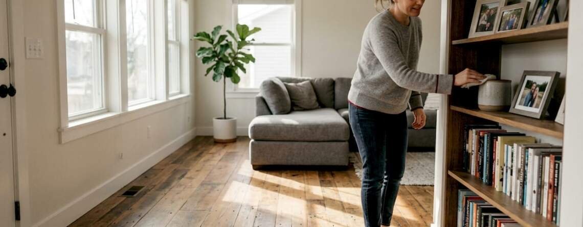 Homeowner dusting in sunlit reclaimed wood living room