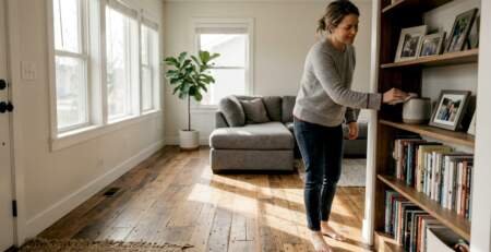 Homeowner dusting in sunlit reclaimed wood living room