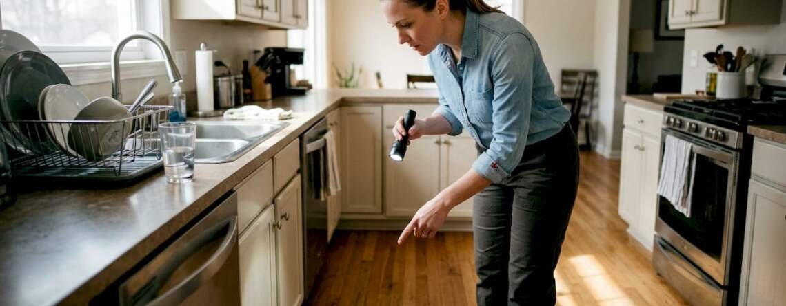 Flooring specialist inspects hardwood for water issues