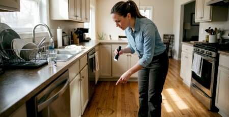 Flooring specialist inspects hardwood for water issues