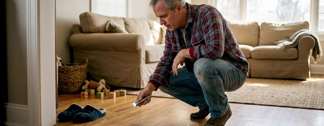 Homeowner inspecting hardwood floor finish