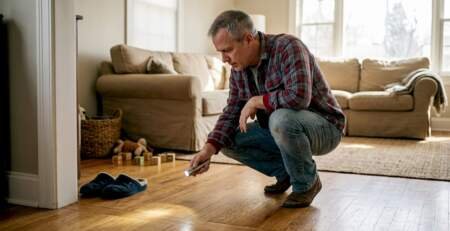 Homeowner inspecting hardwood floor finish