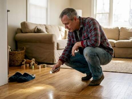 Homeowner inspecting hardwood floor finish