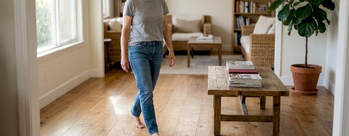 Homeowner walking on sunlit hardwood floor