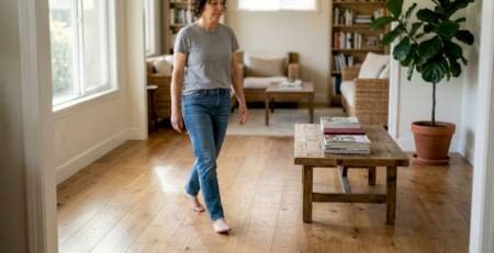 Homeowner walking on sunlit hardwood floor