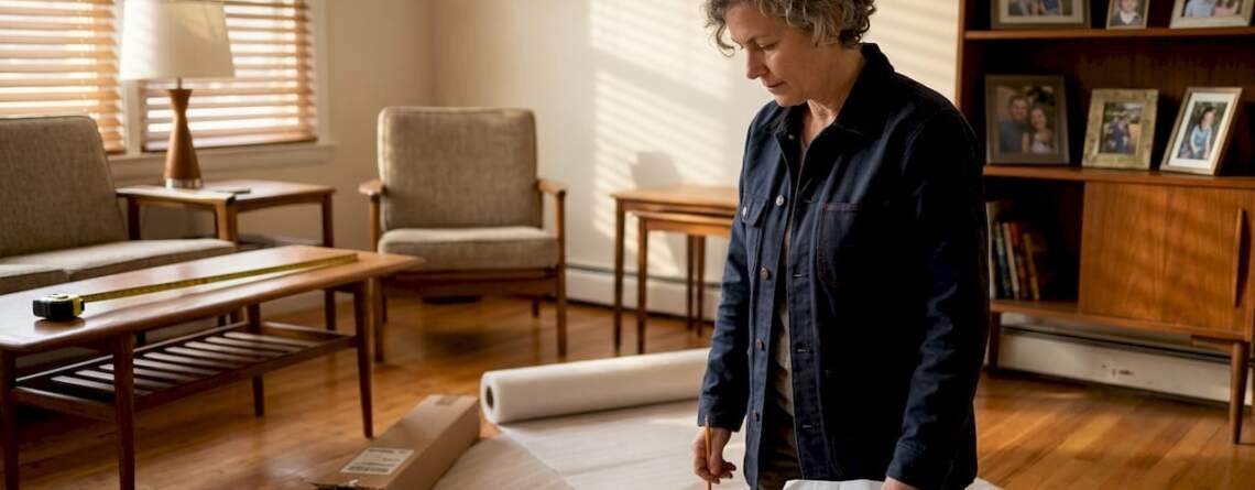 Person installing wood floor underlayment at home
