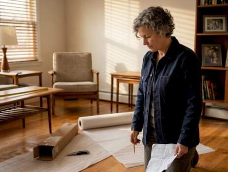 Person installing wood floor underlayment at home