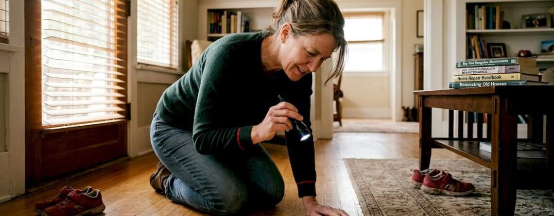 Homeowner inspecting hardwood floor quality