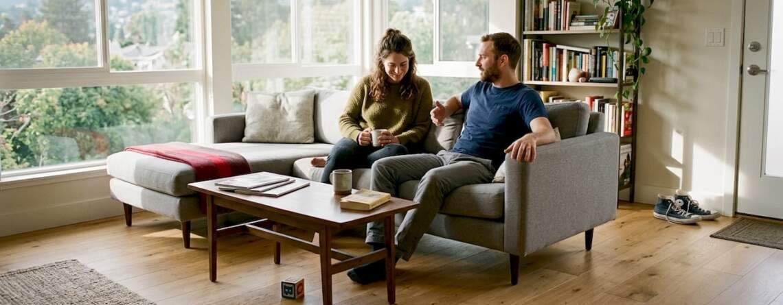 Couple relaxing in living room with modern hardwood floor