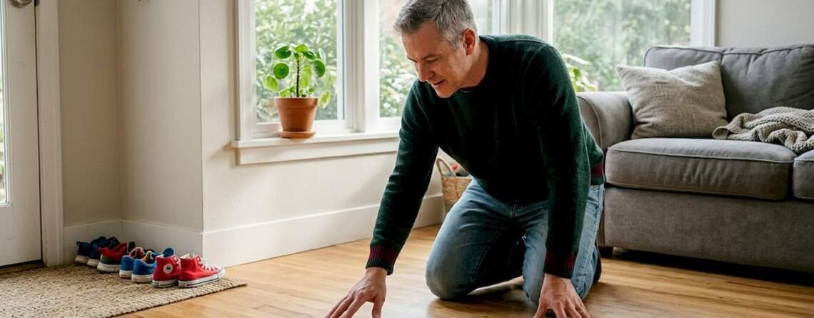 Homeowner inspecting hardwood floors in living room