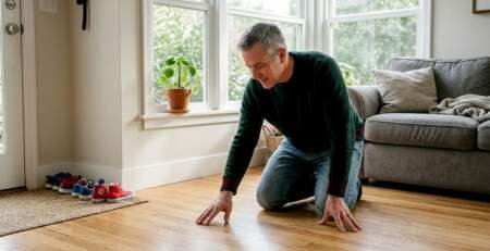 Homeowner inspecting hardwood floors in living room