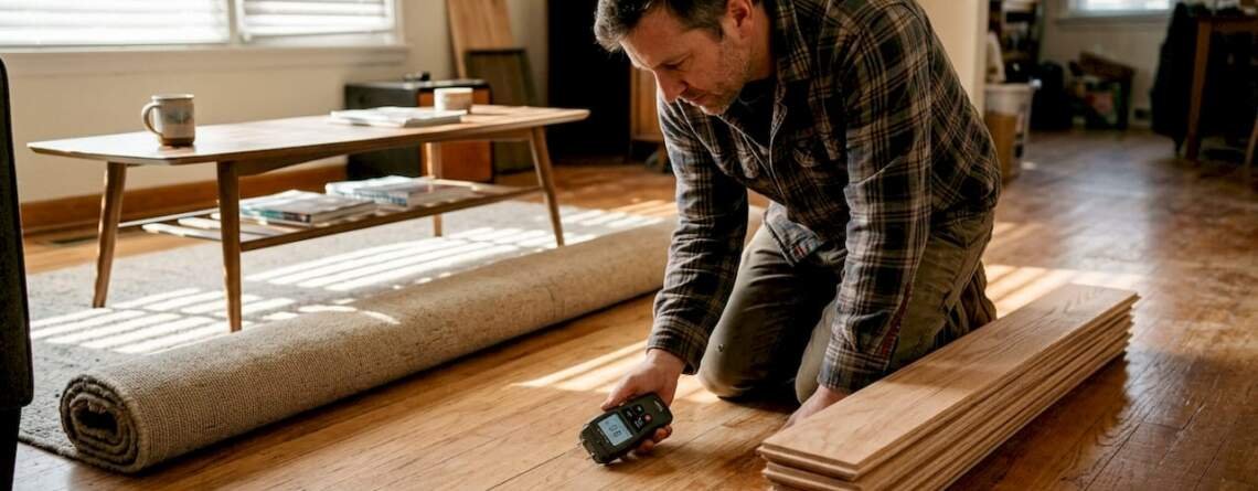 Homeowner checking hardwood flooring moisture