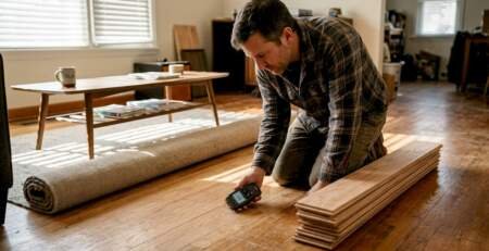 Homeowner checking hardwood flooring moisture